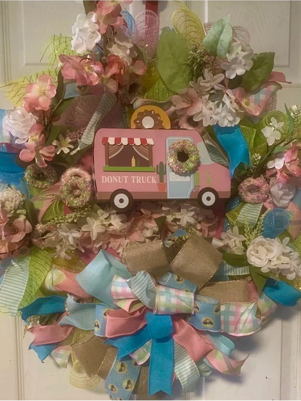 Donut Truck Spring Wreath - Pink & Blue Floral Door Accent
